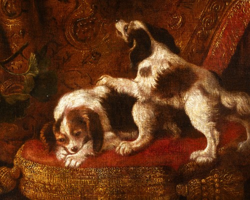 Paintings & Drawings  - Still life with macaw, squirrel and spaniels - attributed to Reynaud Levieu