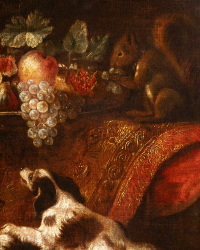 Antiquités - Still life with macaw, squirrel and spaniels - attributed to Reynaud Levieu