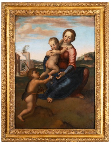 Ecole Italienne du XVIIe siècle, la Vierge à l’Enfant avec Saint Jean Baptiste