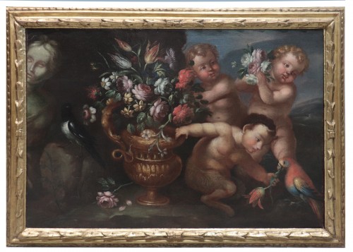 Still Life With Putti And Flowers, Rome Late 17th Century