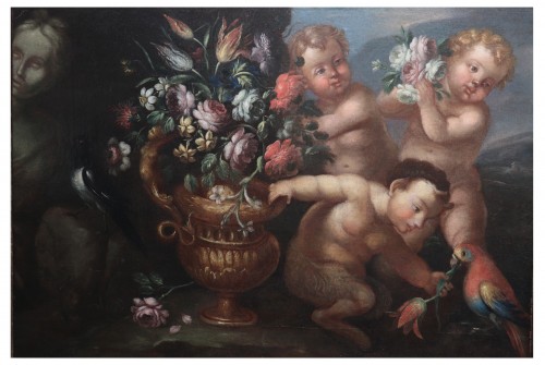 Nature morte aux putti et aux fleurs, Rome fin du XVIIe siècle - Tableaux et dessins Style Louis XIV