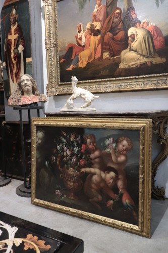 Tableaux et dessins Tableaux XVIIe siècle - Nature morte aux putti et aux fleurs, Rome fin du XVIIe siècle