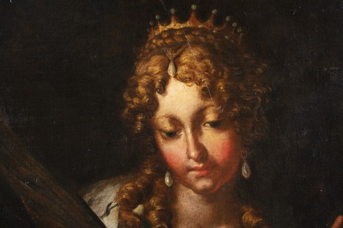 Sainte Catherine avec un petit ange, Ecole italienne du XVIIe siècle - Tableaux et dessins Style Louis XIII