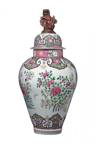 Large Polychrome Porcelain Vase In Shades Of Green And Pink, On A White Bac