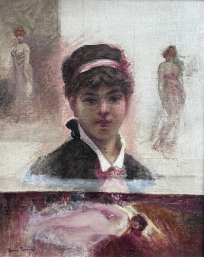Léon Perrin (1860 – 1931) - Portrait d'une jeune fille avec études en trompe l'œil