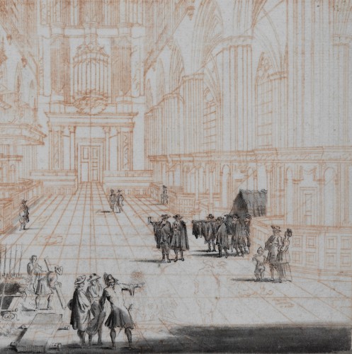 Tableaux et dessins Dessin, Aquarelle & Pastel - Jan Goeree (1670-1731) - Vue intérieure de l'église de Nieuwe Kerk à Amsterdam