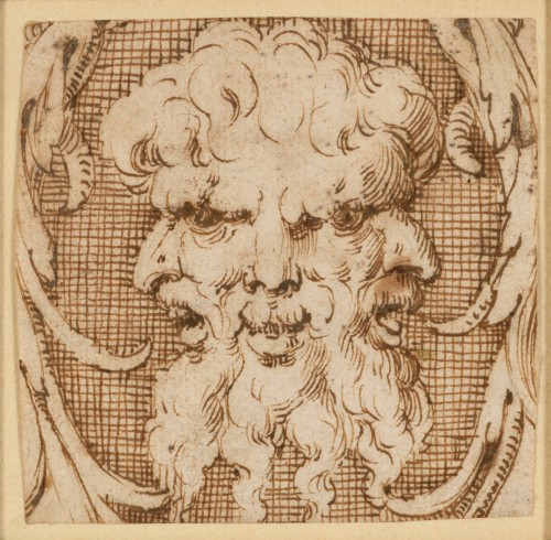 Tableaux et dessins Dessin, Aquarelle & Pastel - Girolamo Mirola (1530-1570) - Tête fantastique composée de trois visages barbus