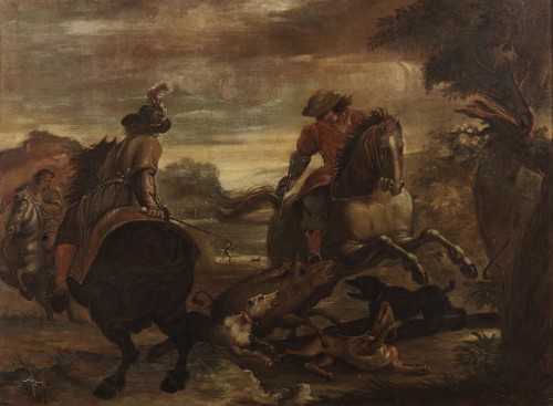 Scène de chasse, école Flamande du 17e siècle - Tableaux et dessins Style Louis XIV