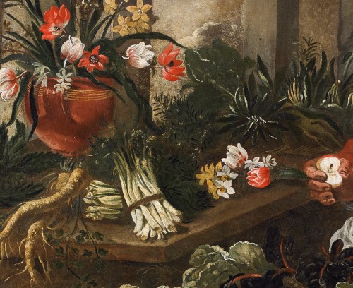 Tableaux et dessins Tableaux XVIIe siècle - Nature morte avec un vendeur de fruits - Adrien de Gryef ( 1657 - 1722 )