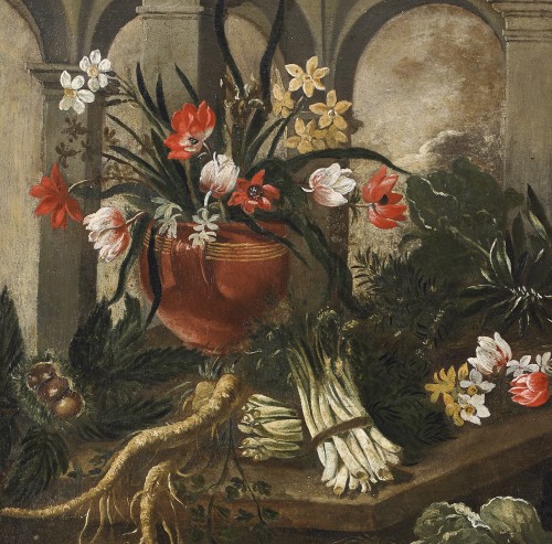 Antiquités - Nature morte avec un vendeur de fruits - Adrien de Gryef ( 1657 - 1722 )