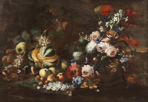 Still Lif  With Flowers, Fruit And Mushrooms by Nicola Casissa (1680 - 1731)