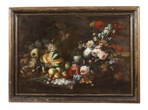 Nature Morte aux fleurs, fruits et des champignons par Nicola Casissa (1680 - 1731) - Tableaux et dessins Style Louis XV