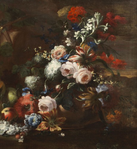 Tableaux et dessins Tableaux XVIIIe siècle - Nature Morte aux fleurs, fruits et des champignons par Nicola Casissa (1680 - 1731)