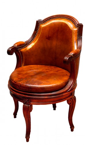 Fauteuil de bureau rotatif Louis XVI en palissandre et cuir