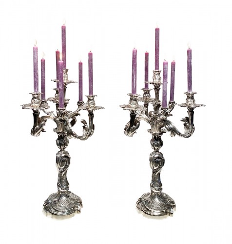 Important Pair Of Candelabras In Silvered Bronze, France, Circa 1870. H83cm