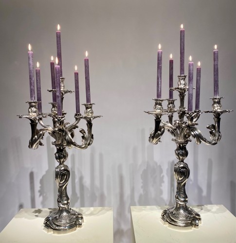 Important Pair Of Candelabras In Silvered Bronze, France, Circa 1870. H83cm - Lighting Style Napoléon III