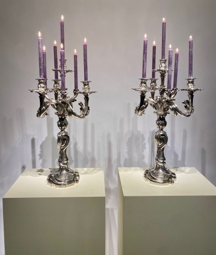 Lighting  - Important Pair Of Candelabras In Silvered Bronze, France, Circa 1870. H83cm