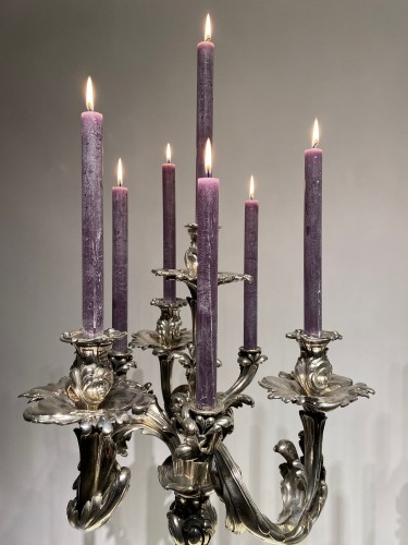 Antiquités - Important Pair Of Candelabras In Silvered Bronze, France, Circa 1870. H83cm