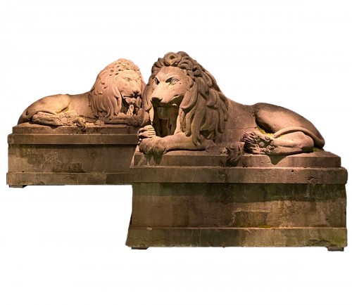 Exceptional pair of 19th century monumental bluestone lions. Belgium around