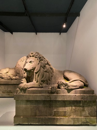 Sculpture  - Exceptional pair of 19th century monumental bluestone lions. Belgium around