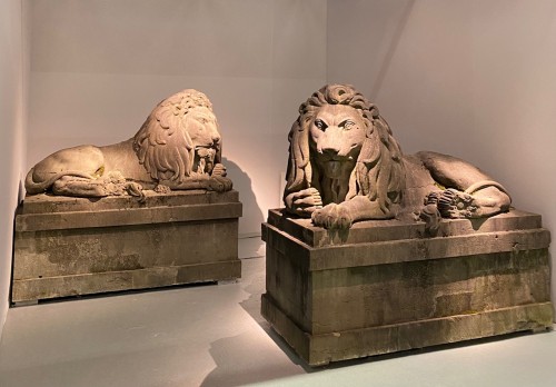 Exceptional pair of 19th century monumental bluestone lions. Belgium around - 