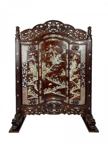 Large Chinese Hardwood and Mother Of Pearl  Screen