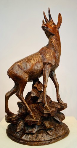 Antiquités - Large Chamois Carved In Wood. Black Forest