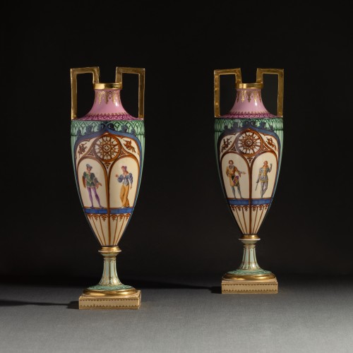 Dihl And Guérhard - Pair Of &quot;spindle&quot; Vases With Troubadour Decor - 