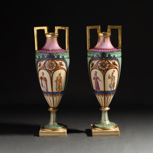 Restauration - Charles X - Dihl And Guérhard - Pair Of &quot;spindle&quot; Vases With Troubadour Decor