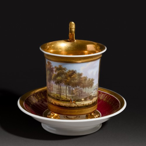 Grande tasse royale, vue topographique de Tervuren, Faber à Bruxelles vers 1823 - Céramiques, Porcelaines Style Restauration - Charles X