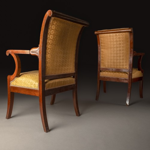 Sièges Fauteuil & Bergère - Paire de fauteuils d'officier d'époque Empire en acajou et damas de soie