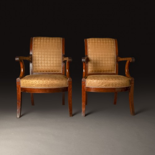 Paire de fauteuils d'officier d'époque Empire en acajou et damas de soie - Empire