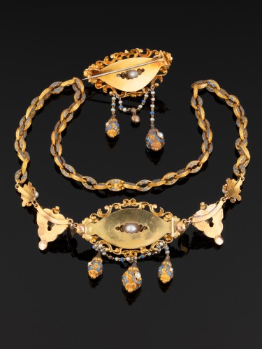 Parure en or, émail, perles et diamants d'époque Louis Philippe - Louis-Philippe