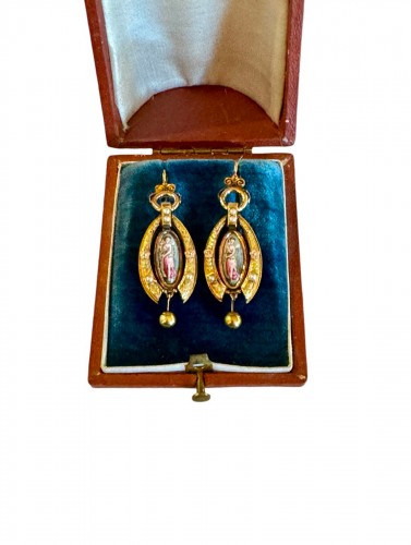 Colored Gold And Enameled Porcelain Drop Earrings