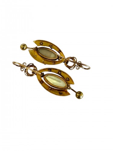 Bijouterie, Joaillerie Boucles d'oreilles - Pendants d'oreilles en or de deux couleurs et porcelaine émaillée