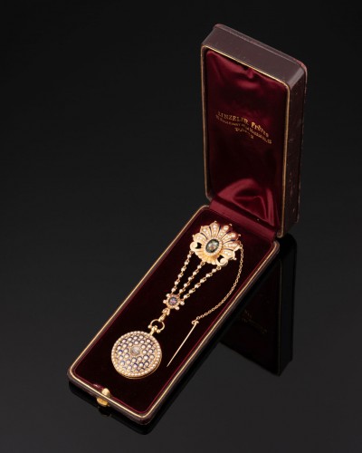 Linzeler - Chatelaine In Gold, Enamel And Fine Pearls - Antique Jewellery Style Napoléon III