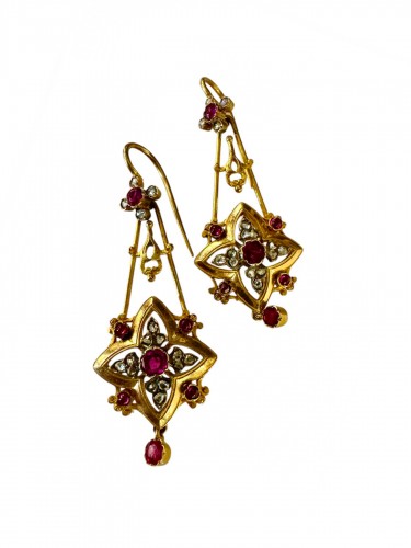 Gold, Ruby And Diamond Drop Earrings 