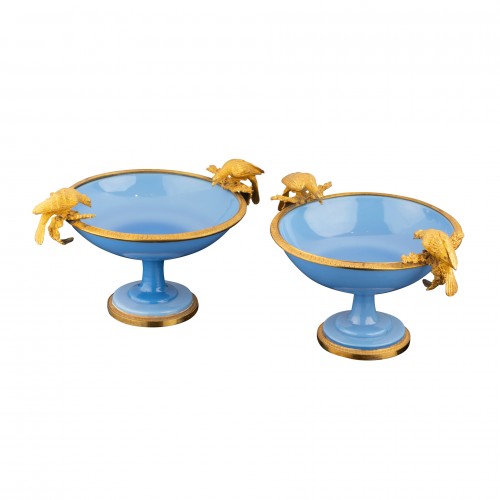 Pair Of Ornamental Opaline And Bronze Cups