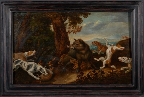 17th C Wild Boar Hunt, Attr. to Jan van Kessel (Antwerp,1626 -Antwerp,1679)