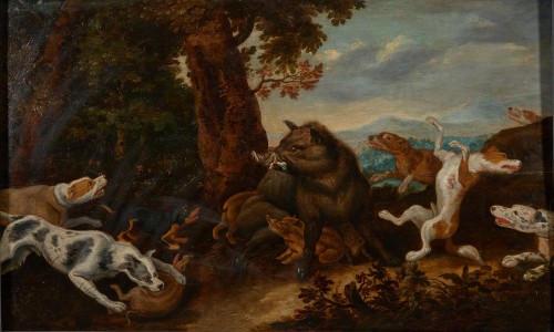 Chasse au sanglier du 17e siècle, attribuée à Jan van Kessel (1626-1679) - 