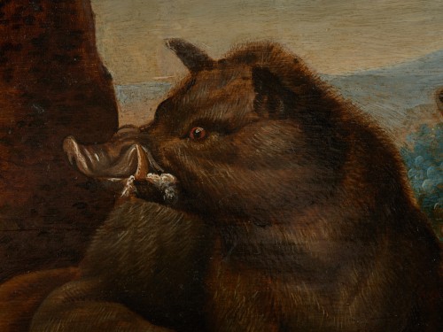 Antiquités - Chasse au sanglier du 17e siècle, attribuée à Jan van Kessel (1626-1679)