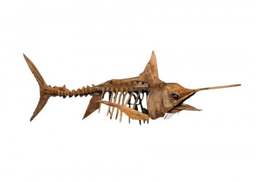 A large handmade wooden sculpture, study of a Marlin, in skeletal form.