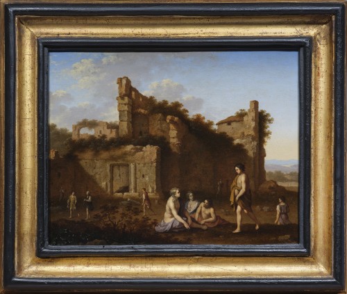 Gathering in antique Ruins, a painting by Jan van Haensbergen (1642 - 1705)