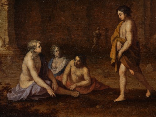 Paintings & Drawings  - Gathering in antique Ruins, a painting by Jan van Haensbergen (1642 - 1705)