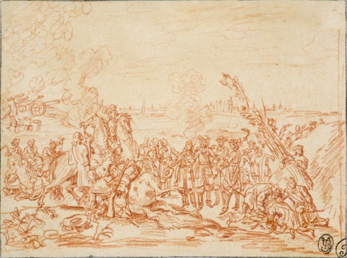 A red chalk drawing by Van der Meulen, preparatory to a tapestry cartoon