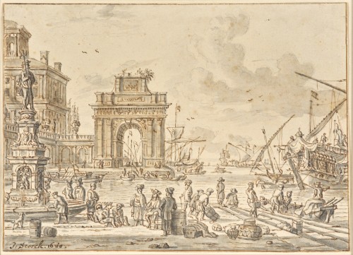 Imaginary View of an Italian Port, a signed drawing by Jacobus Storck