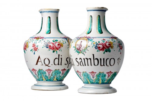 Two maiolica pharmacy flasks. Milan, Felice Clerici Manufacture, 1770-1780