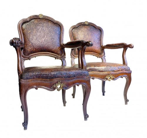 Seating  - Pair of armchairs with Original embossed leather covers, Milan Circa 1750 