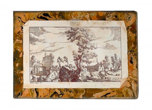 Trompe l'oeil scagliola plaque representing an engraving with a landscape