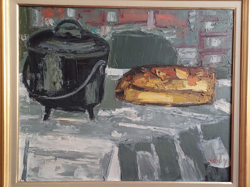 Nature morte au pain et à la casserole noire - Jean COUTY (1907 -1991) - Tableaux et dessins Style Années 50-60